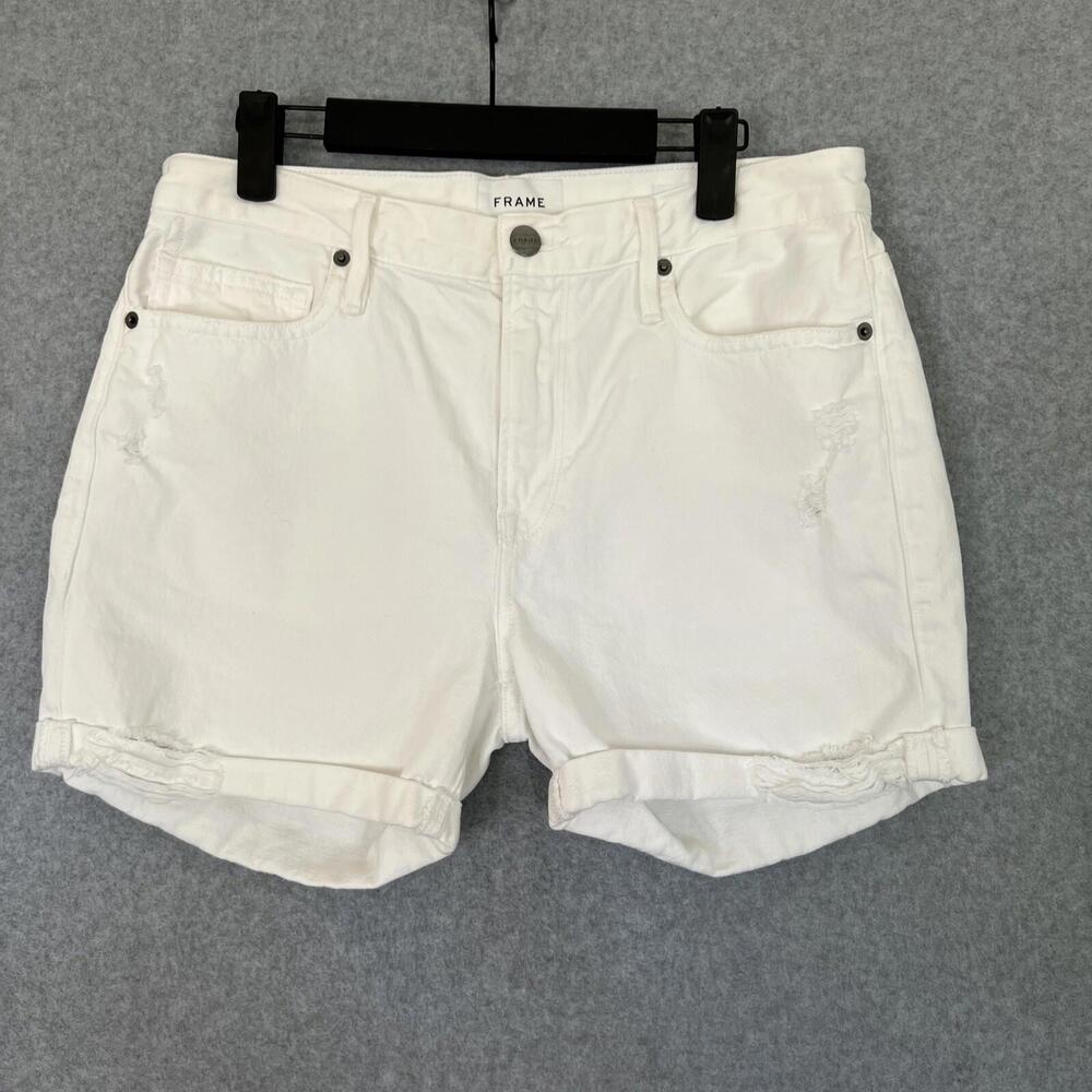 Frame Womens Le Beau Jean Shorts Size 25 White Distressed High Rise Cuffed